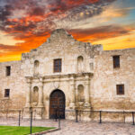 Exterior view of the historic Alamo in San Antonio shortly after sunrise