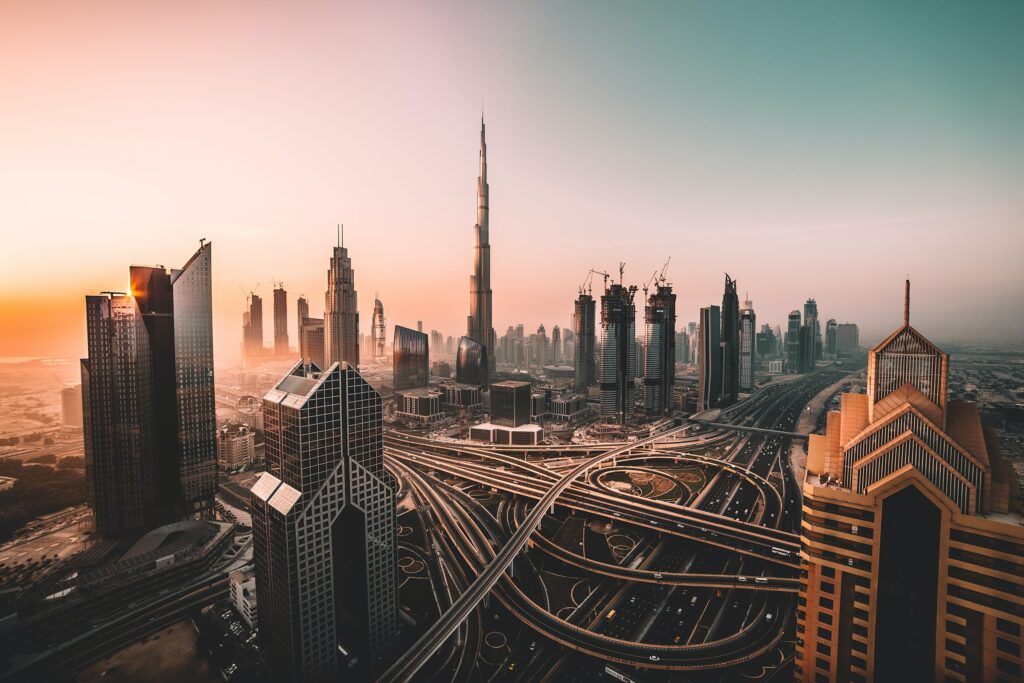 The Burj Khalifa and road networks can be seen at sunset in Dubai