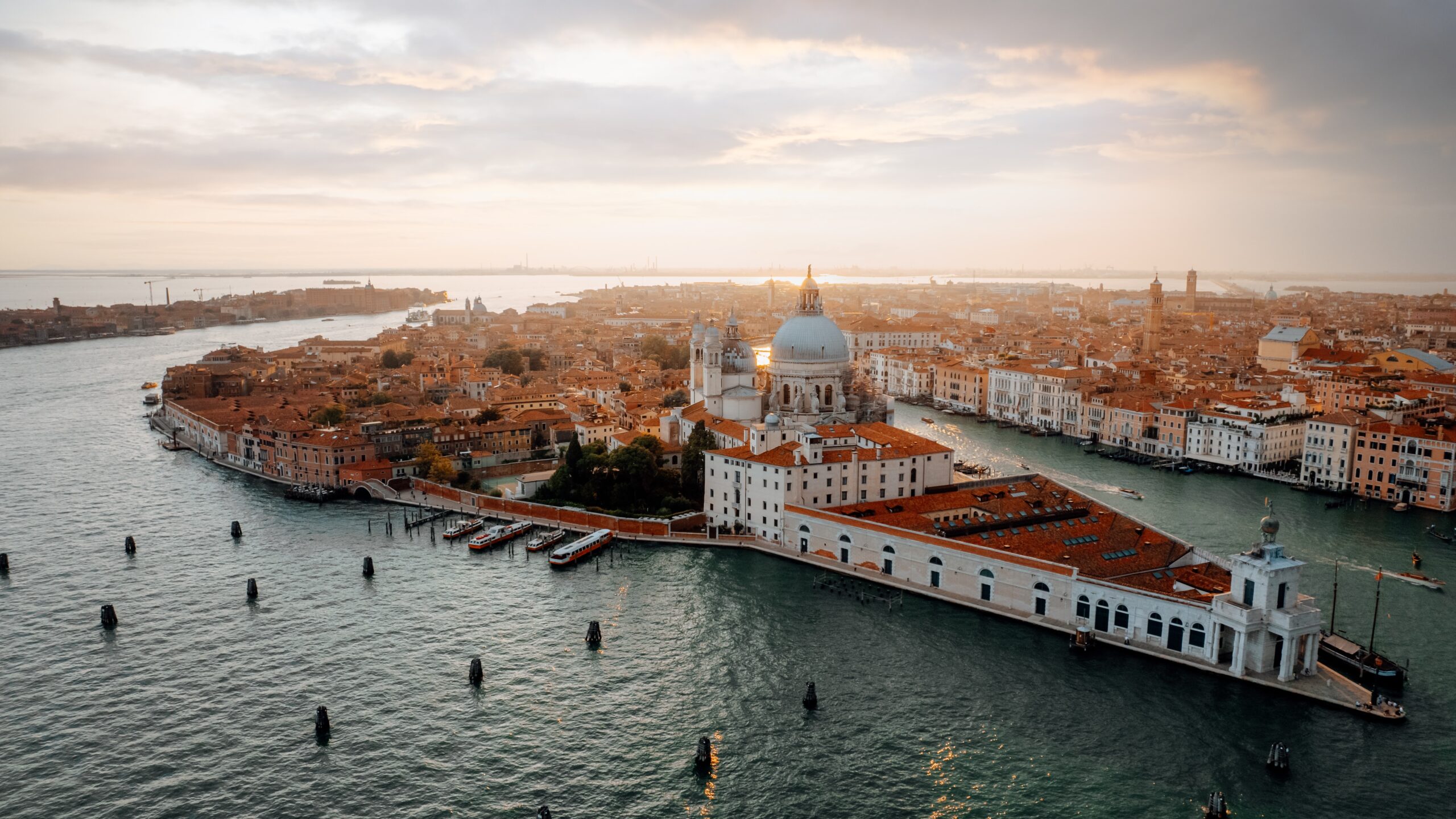 An aerial shot of Venice at sunset