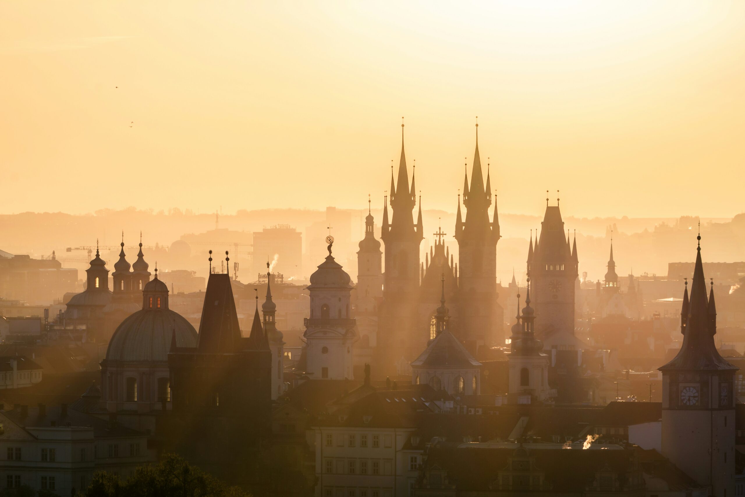 The spires of Prague at sunrise