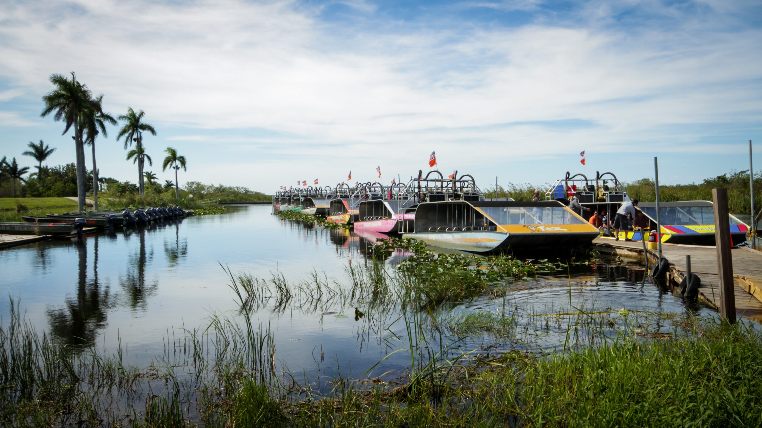 Airboats sit docked in the Everglades
