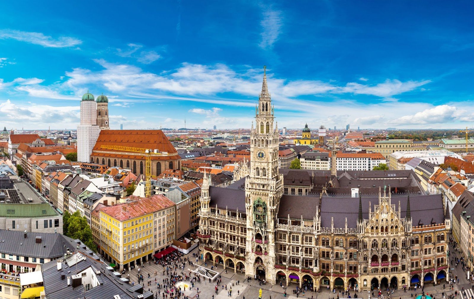 Aerial view of Marienplatz in Munich, with clear blue skies overhead