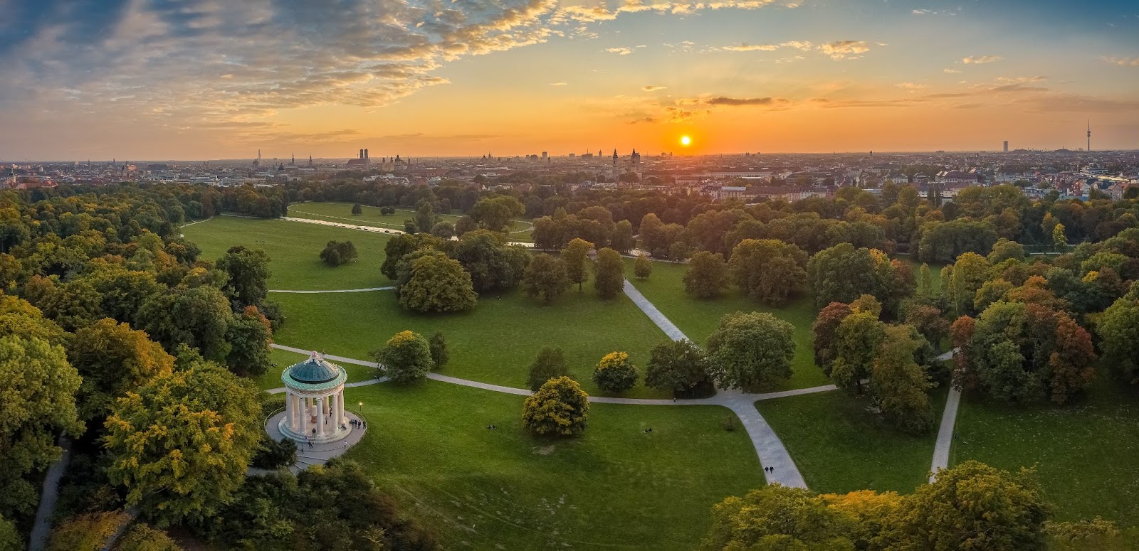 Aerial view over the Englischer Garden in Munich, at sunrise